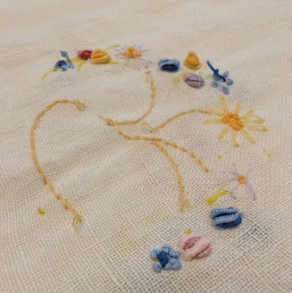 VINTAGE Dish Towel Embroidered Linen Farmhouse Floral White Yellow Blue